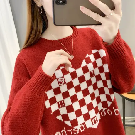 日系甜美毛衣女撞色字母爱心方格提花宽松显瘦百搭小众针织衫秋冬商品大图