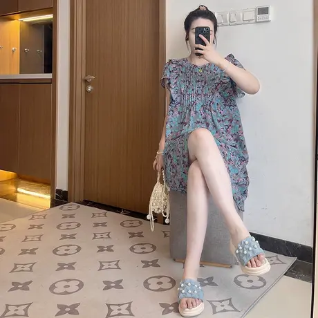 法式复古蓝色碎花连衣裙女夏季2025洋气减龄宽松裙子大码胖mm雪纺图片