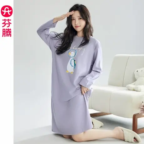 芬腾纯棉睡裙女款春秋款长袍全棉长裙秋季可外穿孕妇睡衣连衣裙子商品大图