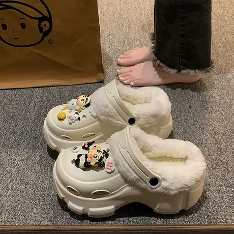 网红爆款厚底包头棉拖鞋女2023新款秋冬加绒保暖可爱两穿洞洞棉鞋图片