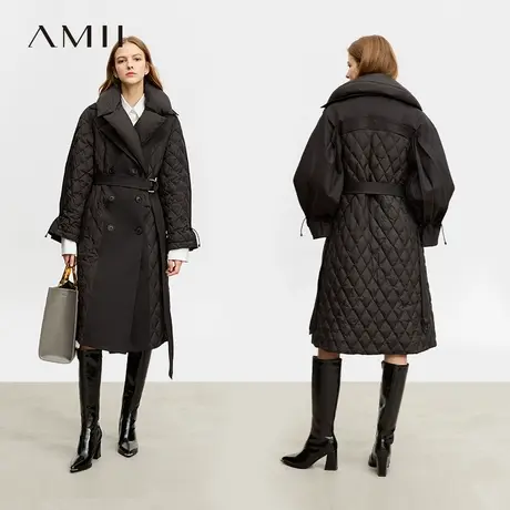 Amii白鸭绒羽绒服女2024冬新款中长款夹克双排扣可拆双层翻领外套图片