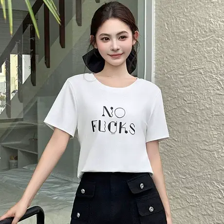 拉夏贝尔纯色字母印花短袖t恤女夏季2025新款百搭收腰圆领T恤上衣图片