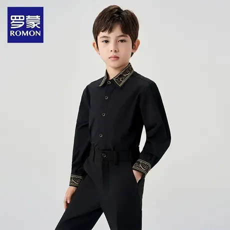 罗蒙儿童黑衬衫黑裤子男童演出服合唱套装夏绣花黑衬衣西裤两件套商品大图