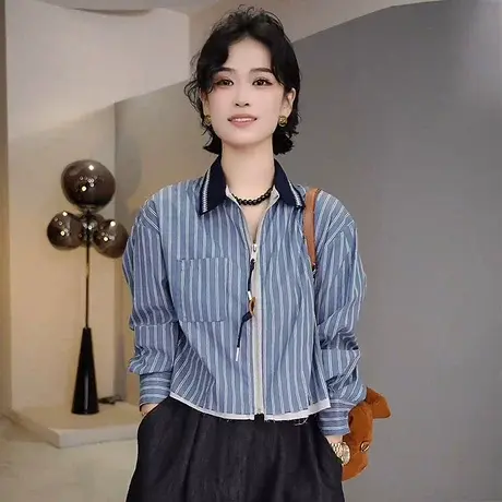 2025新款韩版秋季设计感竖条拉链衬衫女时尚翻领撞色百搭上衣外套商品大图
