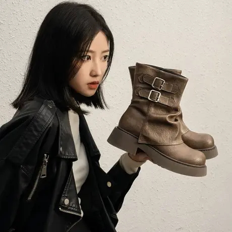 戈美其美拉德马丁靴女2025新款春季西部牛仔靴今年流行短靴堆堆靴图片