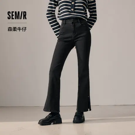 森柔牛仔|森马牛仔裤女高腰开叉喇叭裤显腿长冬港风磨毛长裤显XY商品大图