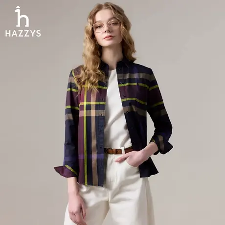 【商场同款】Hazzys哈吉斯长袖格纹衬衫女2025年秋季新款纯棉衬衣商品大图