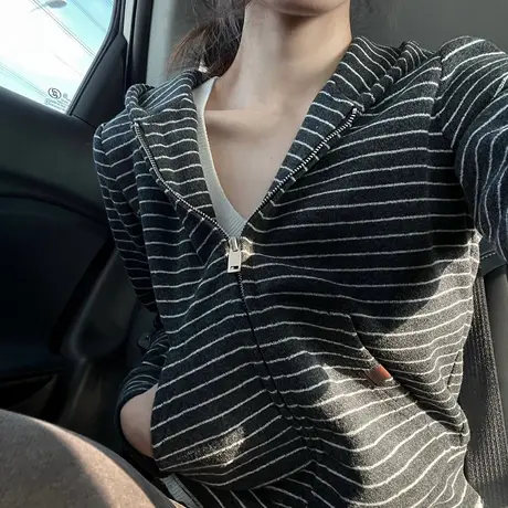美式条纹开衫拉链长袖女春秋设计感修身收腰显瘦百搭休闲外套商品大图