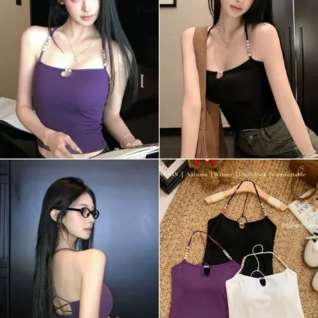 美式辣妹串珠平口螺纹高弹力挂脖吊带背心夏季修身性感露背上衣女商品大图