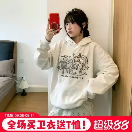 韩系可爱卡通印花百搭休闲风花灰色连帽卫衣女宽松薄款套头上衣潮商品大图