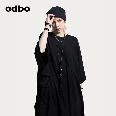 odbo/欧迪比欧t恤女秋季宽松大口袋上衣时尚设计感中袖小众七分袖商品大图