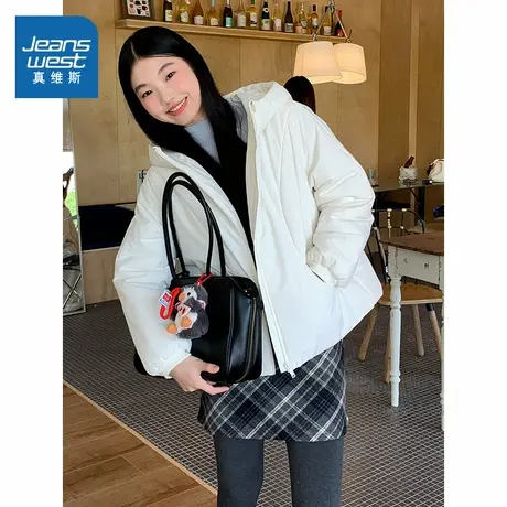 KMV真维斯黑色连帽棉服女款2025新款秋冬季轻便保暖韩系时尚棉袄商品大图