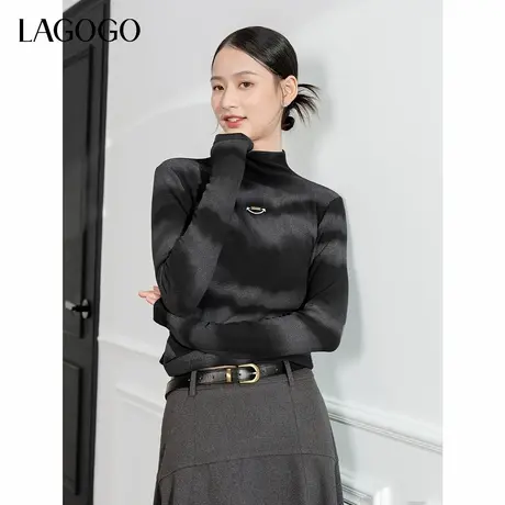 LAGOGO扎染风修身针织衫女拉谷谷2024冬季新款半高领打底长袖T恤商品大图