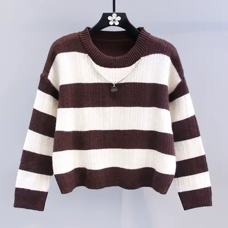 撞色条纹套头毛衣女秋冬2023新款宽松设计感小众短款打底针织衫商品大图