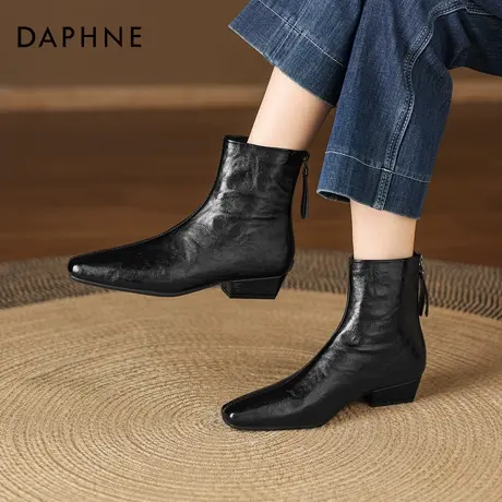 达芙妮短靴女2026新款冬季加绒平底瘦瘦靴子黑色切尔西方头马丁靴图片