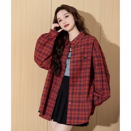 唐狮春季新款女衬衫长袖格子百搭宽松中长款流行小个子衬衣TM商品大图