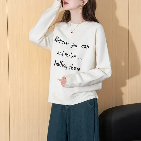 秋冬季毛衣女字母图案圆领宽松套头慵懒风高级感毛线衫TU图片