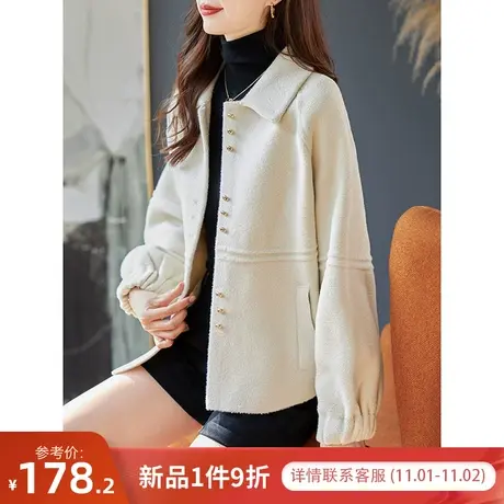 宝诗黎翻领宽松纯色针织短外套2023秋冬季新款单排扣开衫上衣女装商品大图