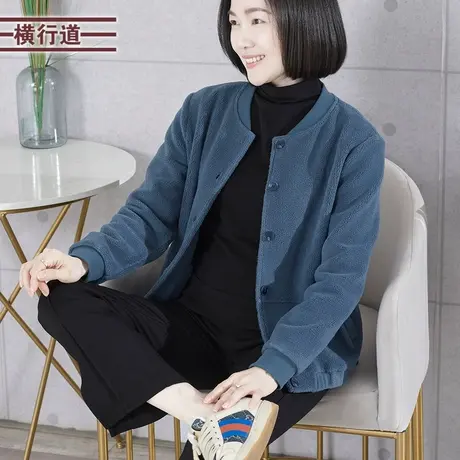 休闲纯色螺纹圆领加绒宽松卫衣外套女装大码外搭上衣2023冬季新款商品大图