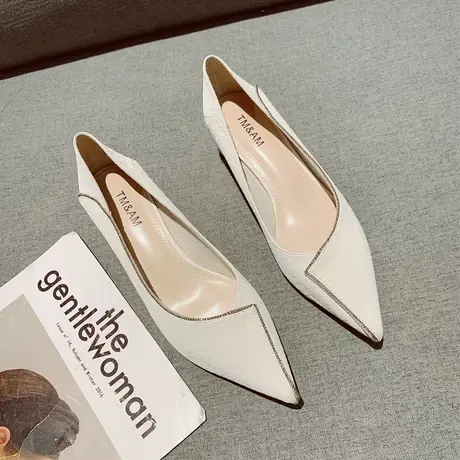 真皮法式中跟鞋女2023年新款春季粗跟尖头软皮职业不磨脚高跟单鞋商品大图