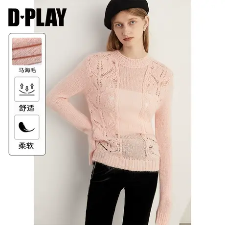 DPLAY【黑标】2023年冬新法式风圆领钩花镂空长袖设计粉色毛衣商品大图