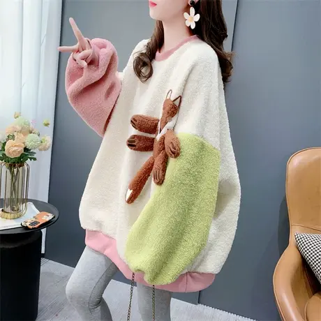 设计感小狐狸拼色加厚羊羔毛外套女2023年新款秋冬宽松慵懒风上衣图片