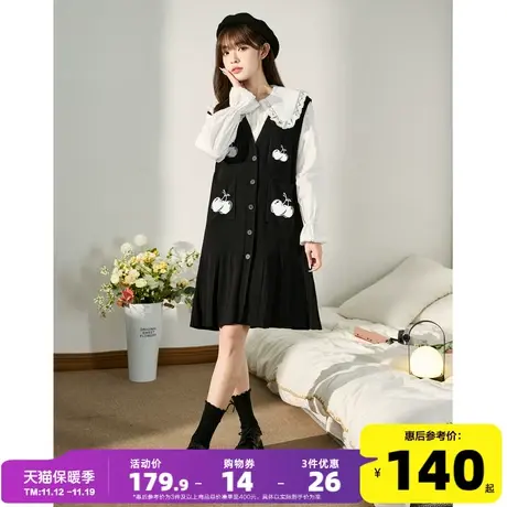 唐狮樱桃马甲连衣裙女甜美针织背心裙女新款黑色背带裙甜美女装q2商品大图