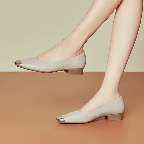 小香风法式气质低跟单鞋女春秋季粗跟晚晚风温柔真皮方头软皮女鞋商品大图