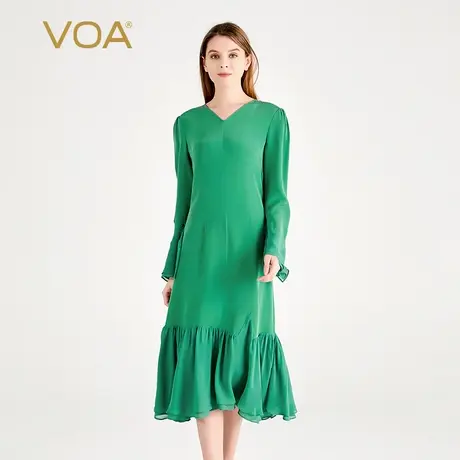 VOA30姆米重磅桑蚕丝灰绿V领喇叭袖拼接乔其简约淑女真丝连衣裙图片