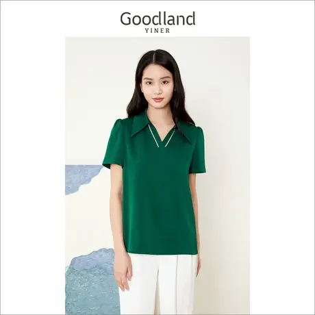 【醋酸系列】音儿美地女装2022夏醋酸上衣绿色短袖衬衫商品大图