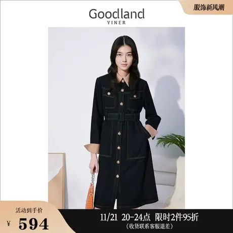 Goodland美地女装冬季撞色袖口设计感POLO衣领连衣裙图片