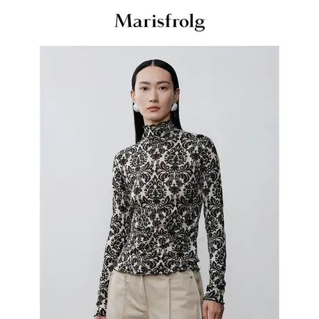 【商场同款】玛丝菲尔冬季新款美利奴羊毛半高领花稿打底衫商品大图