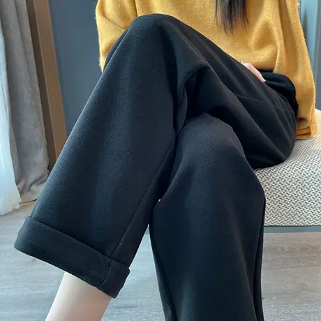 毛呢直筒裤女宽松休闲秋冬加厚保暖卷边高腰黑色显瘦九分烟管裤子商品大图