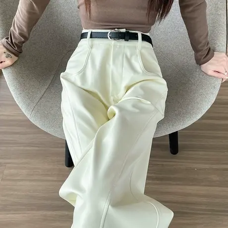 杏色阔腿皮裤女冬季新款高腰pu皮加厚宽松垂感哑光窄版直筒西装裤商品大图