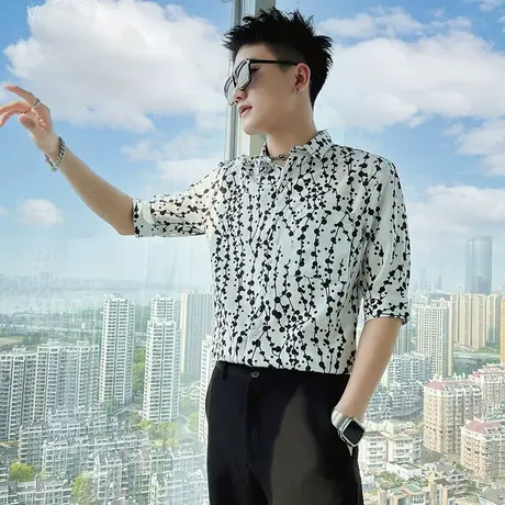 夏季男士短袖花色满印衬衫中袖修身半袖短袖潮流个性帅气ins衬衣商品大图