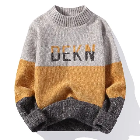 2022秋冬季加厚毛衣男士潮流撞色提花青年学生个性针织打底衫保暖商品大图