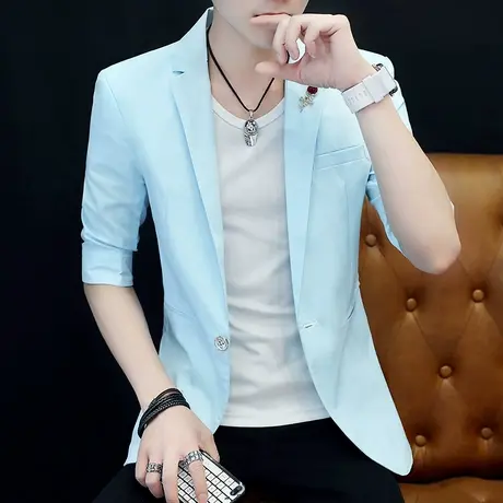 夏季男士纯色小西装短袖韩版修身七分袖百搭外套潮流薄款中袖西服图片