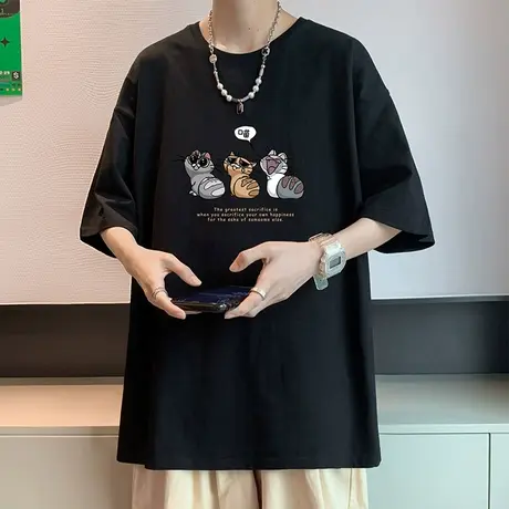 棉感短袖t恤男夏季新款美式复古宽松半袖体恤男潮牌潮流圆领上衣商品大图