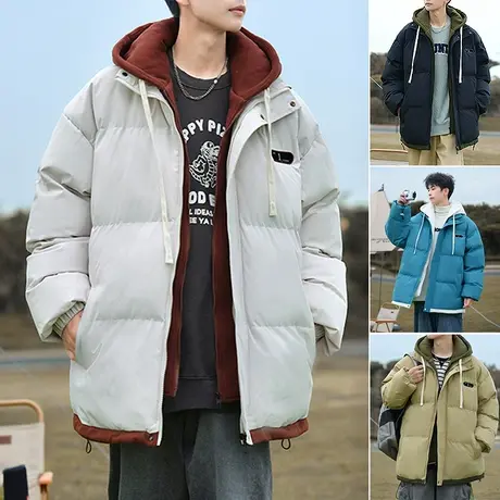 宽松冬季新款棉服男假两件御寒保暖情侣棉袄潮流厚款休闲连帽外套商品大图