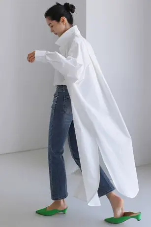 春秋装新款过膝长款长袖衬衫大码纯色女韩版宽松过膝直筒防晒衬衣商品大图