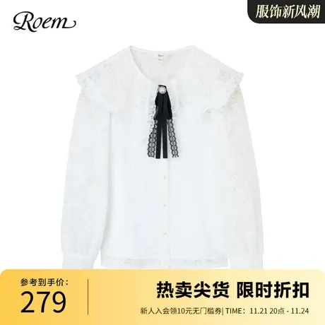 Roem甜美娃娃领蕾丝衬衫2023早秋新款舒适俏皮可爱撞色蝴蝶结上衣商品大图