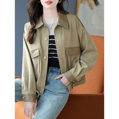 宝诗黎皮质拼接翻领纯色落肩长袖短外套女士开衫上衣2023秋季新款商品大图