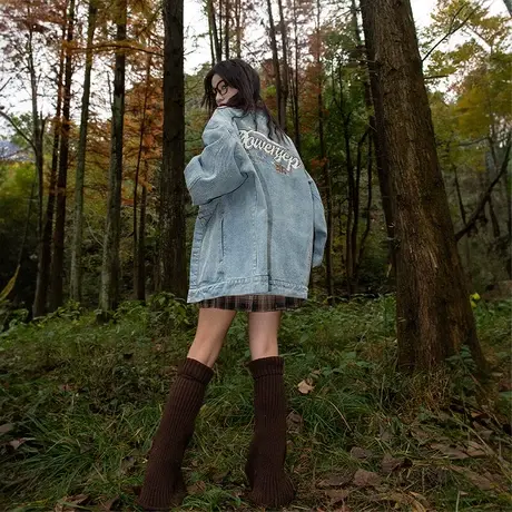 YEP美式复古牛仔外套女春秋款设计感高街新中式夹克灯芯绒翻领ins商品大图