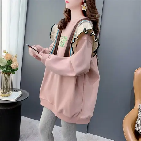 设计感木耳边加绒圆领卫衣女秋冬新款宽松慵懒风洋气甜美日系上衣商品大图