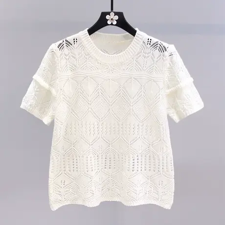 小香风镂空钩花短袖针织衫女夏季2023新款高级感减龄显瘦打底上衣图片
