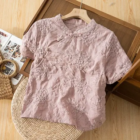 享永子短袖重工刺绣苎麻衬衫女夏文艺复古棉麻上衣高级感2024新款商品大图