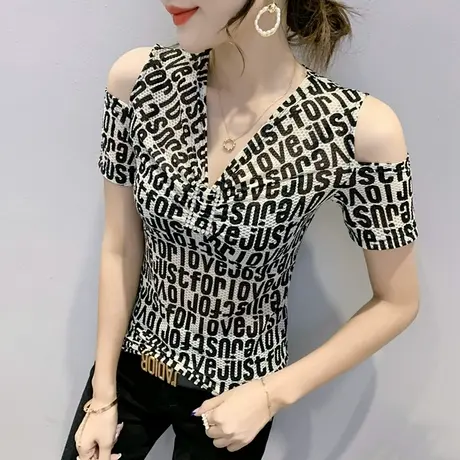 女装2023新款潮性感露肩T恤女短袖夏百搭洋气上衣修身显瘦V领小衫商品大图