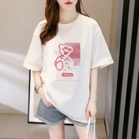 短袖t恤女2023夏季新款卡通印花休闲体恤潮宽松中长款纯棉上衣服图片