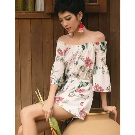 弥古连体裤女夏季套装一字肩抹胸连衣裤短裤小个子阔腿裤薄款裤裙商品大图