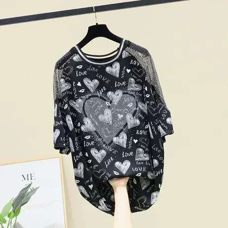 欧洲站女装2023新款重工烫钻中长款短袖T恤夏爱心印花大版上衣女商品大图